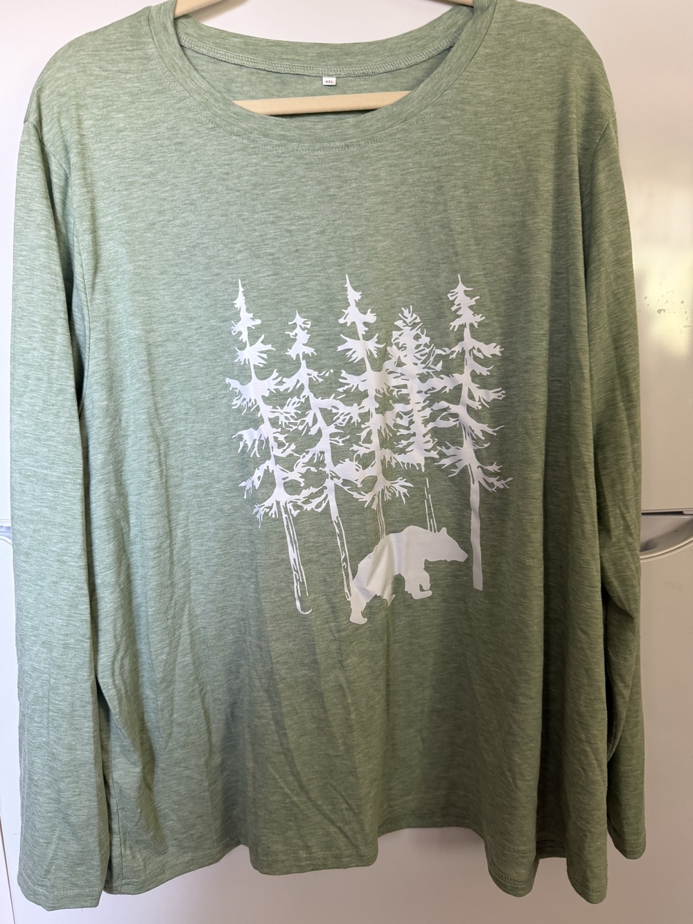 Green Long Sleeve Tee with White Forest & Bear Graphic